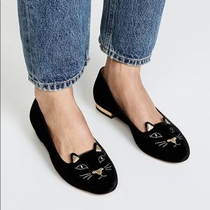 Charlotte Olympia Black Velvet Kitty Flat, 41